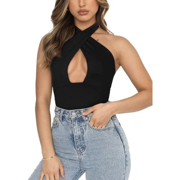 Women's Sexy Criss Cross Halter Neck Bodysuits Sleeveless Thong Tops Clubwear - Picture 3 of 5